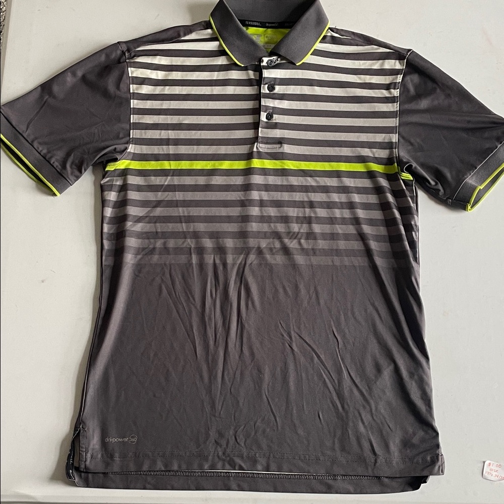 RUSSELL Men's Performance Polo Shirt - Gray with Lime Stripe. SIZE SMALL.